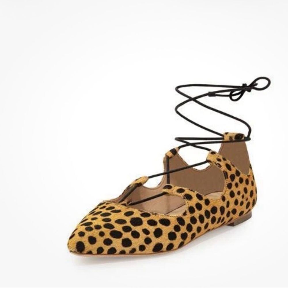 Loeffler Randall Ambra lace-up pointed toe flats leopard print calf hair 8.5